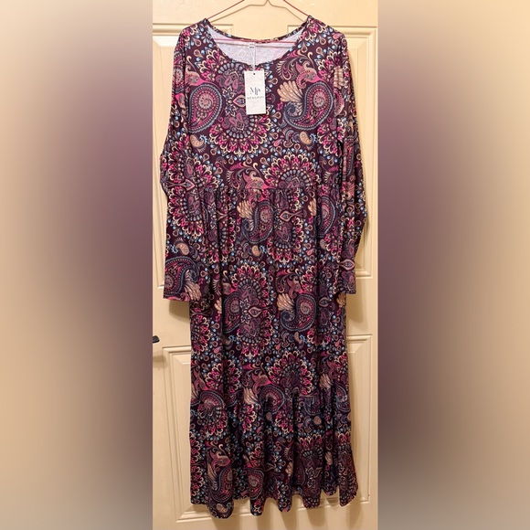 Mengpipi Dresses & Skirts - Mengpipi Paisley Print Dress Scoop Neck Long Sleeves Gathered Waist Pockets XXL